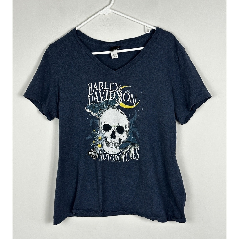 Harley Davidson Skull‎ Blue Short Sleeve T-Shirt Womens Size XXL Tee Motorcycles